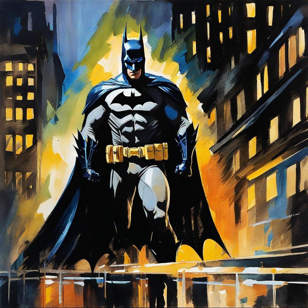 Batman in Gotham: Gouache Impressionist Style
