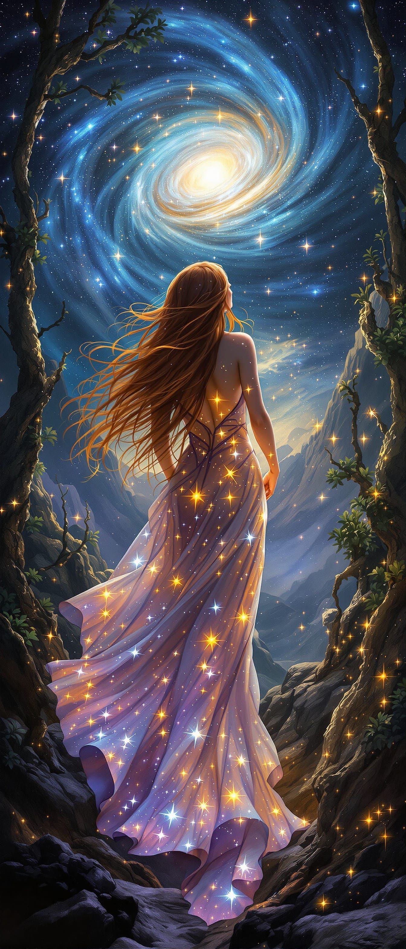 Celestial Sorceress in a Bioluminescent Alien Grove