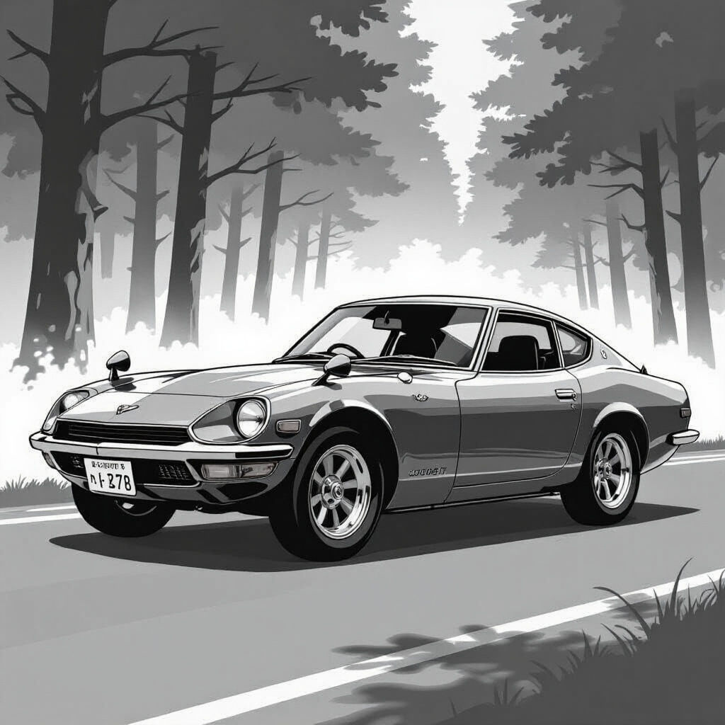 1968 Toyota 2000GT Line Drawing in Ukiyo-e Style