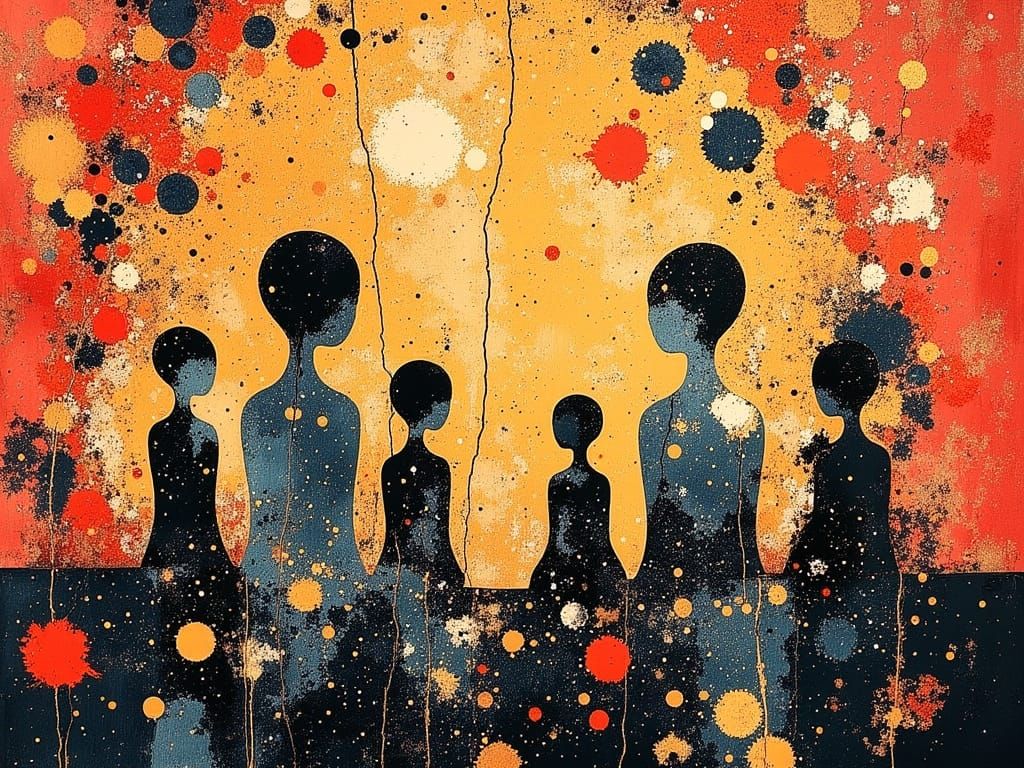 Cubist Family Photo Amidst Blooming Fireworks