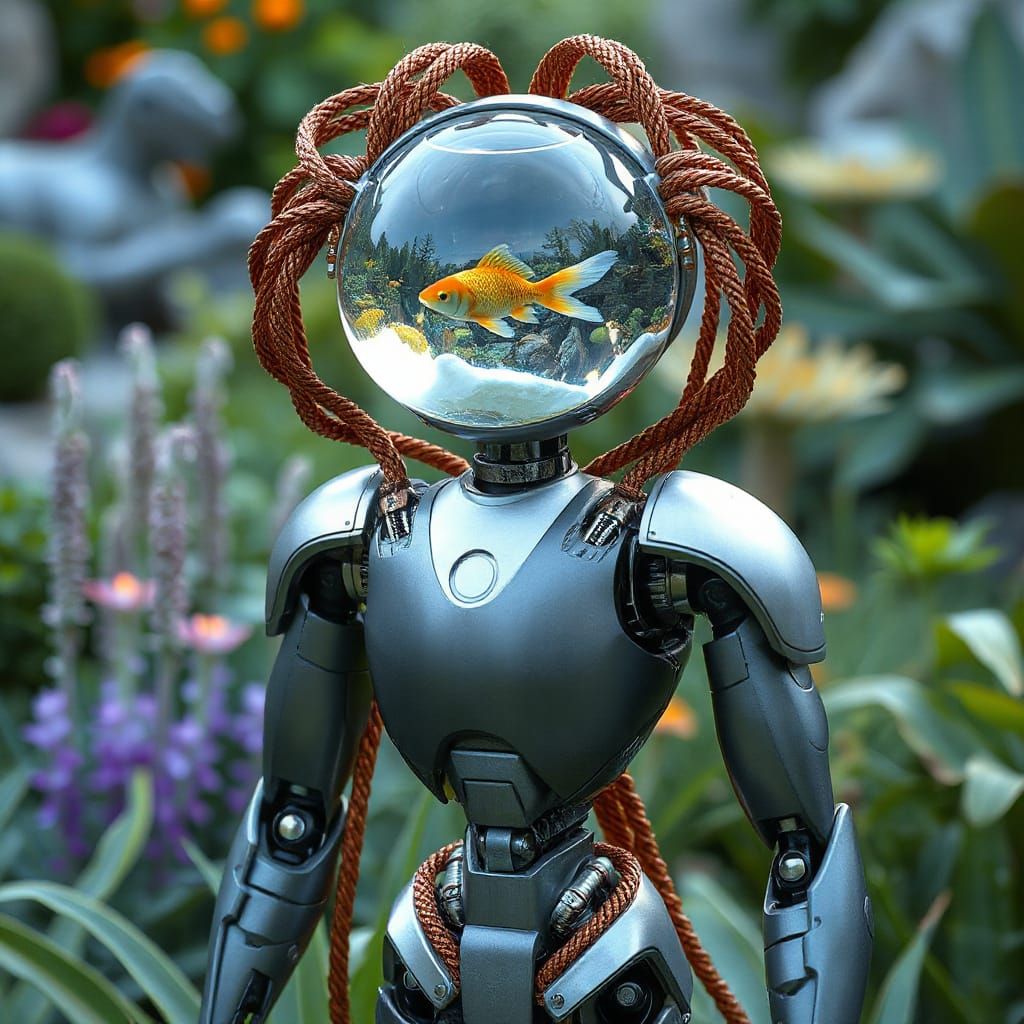 Futuristic Robot with Aquatic Head in Garden