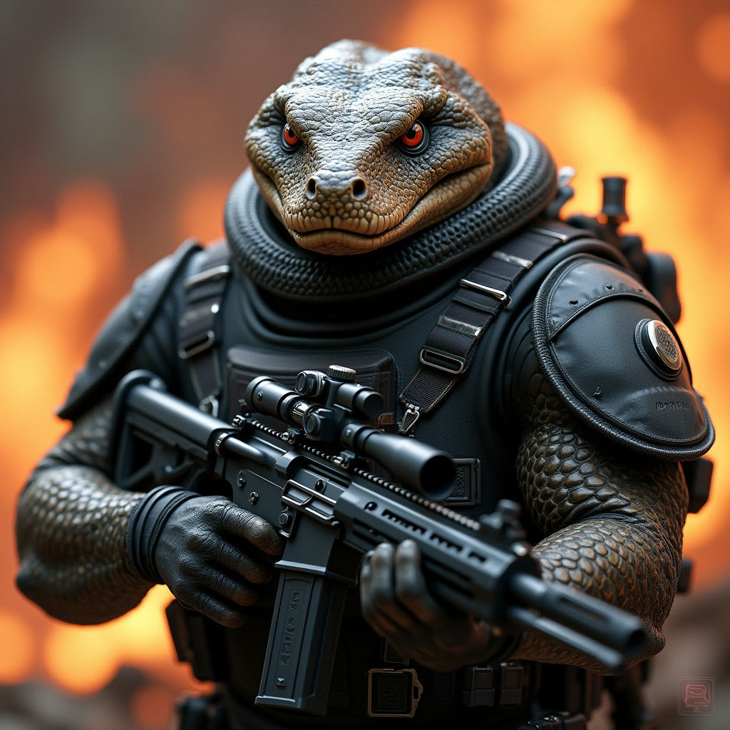 Massive Anaconda Wears Tactical Combat Suit, Grasping High-T...