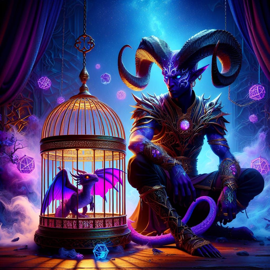 Dark Fantasy Tiefling and Dragon in Vibrant Cosmic Scene
