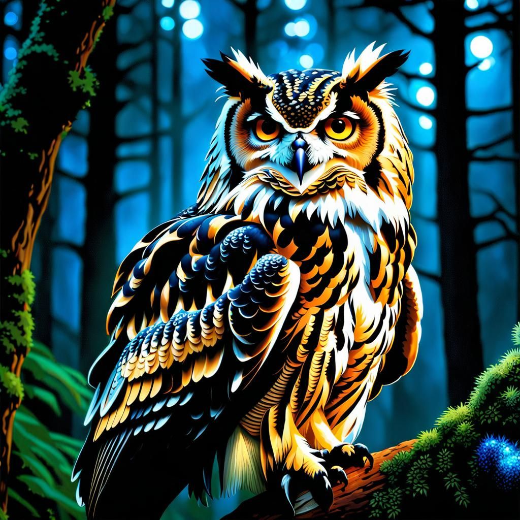 Majestic Eagle Owl in Magical Forest: Photorealistic Dark Fa...