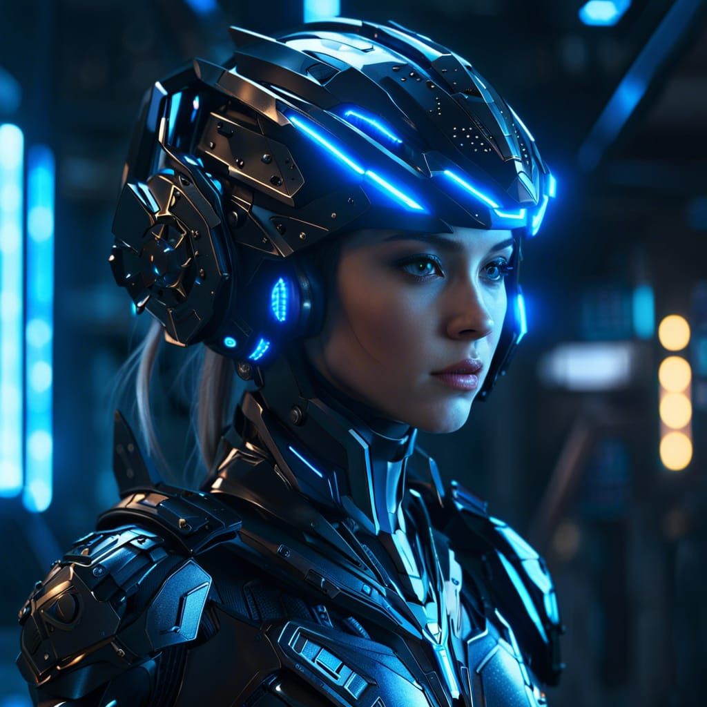 Girl in Black and Blue Sci-Fi Combat Armor