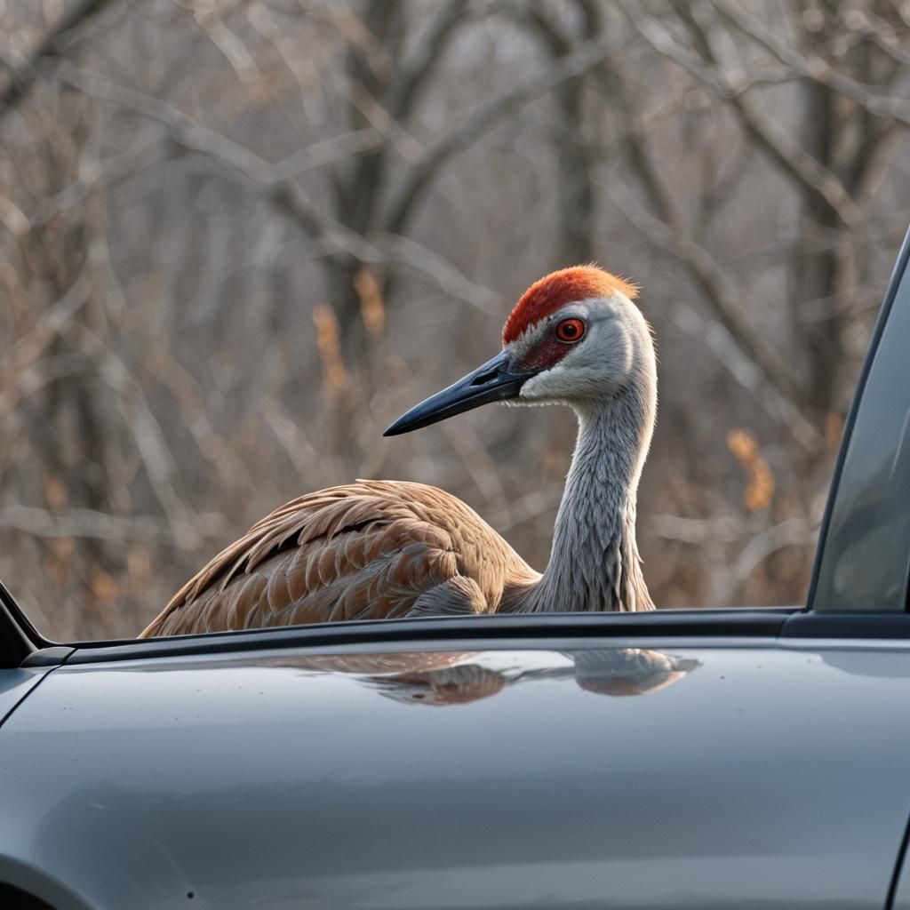 Sandhill Crane Peeks into Car Window