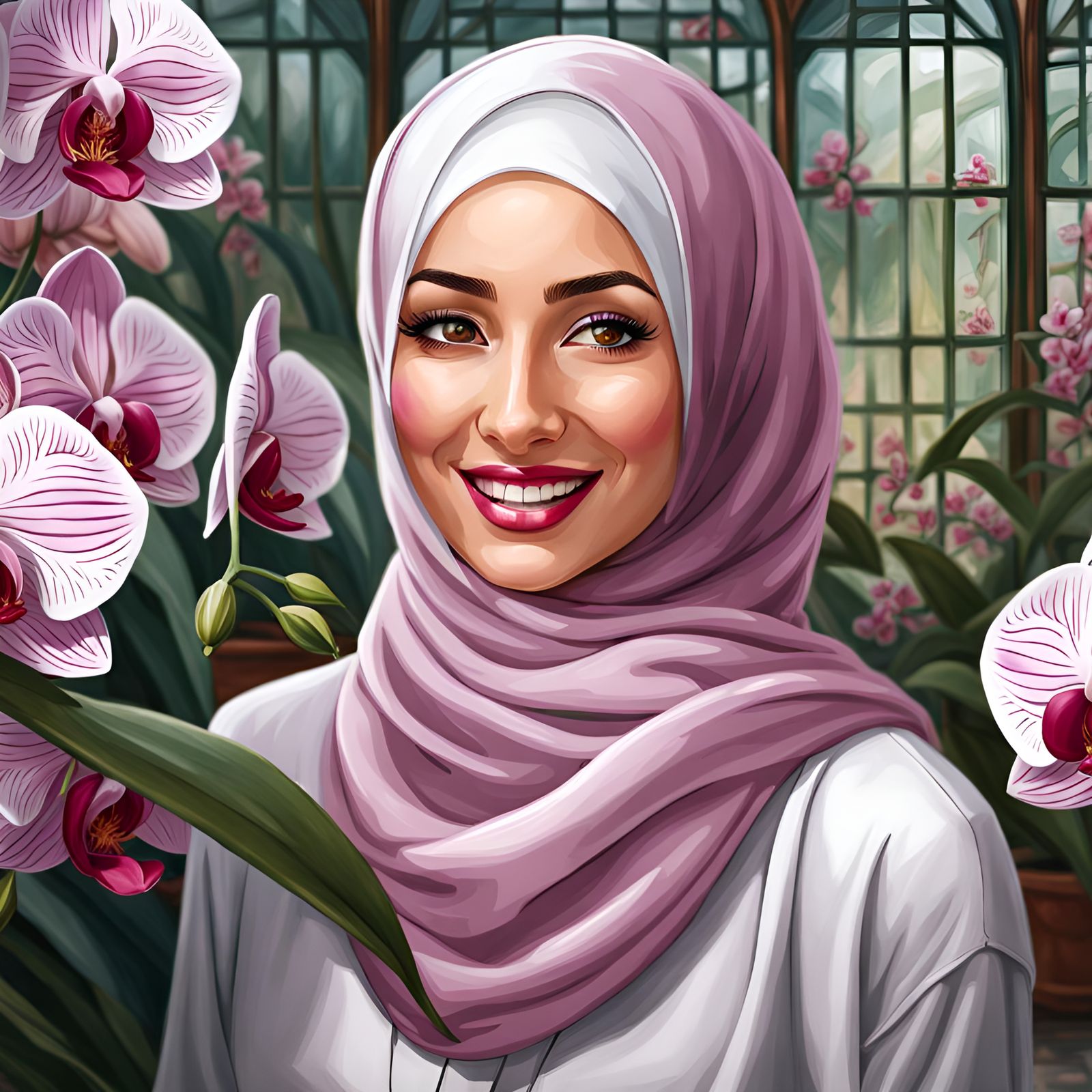 Turkish Hijabi Woman with Orchids in Greenhouse