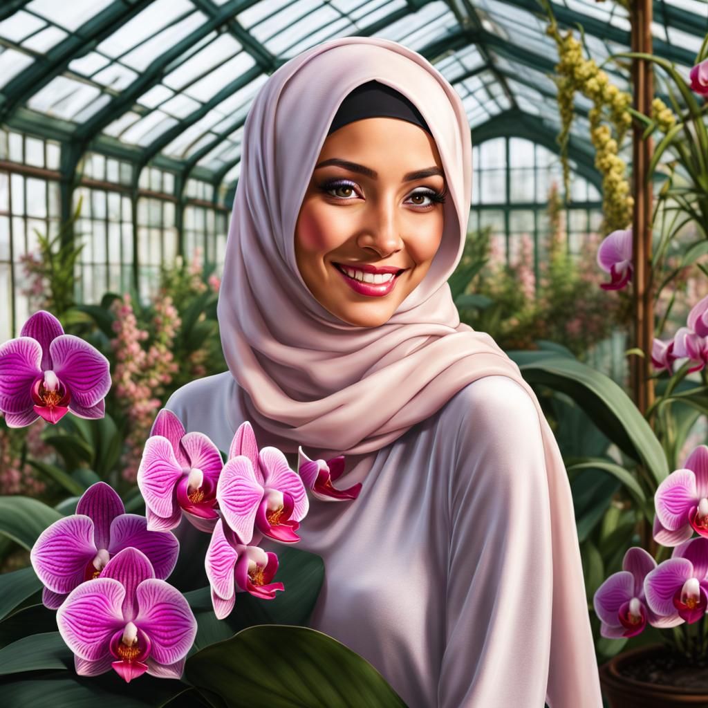 Elegant Hijabi Woman with Orchids in Greenhouse