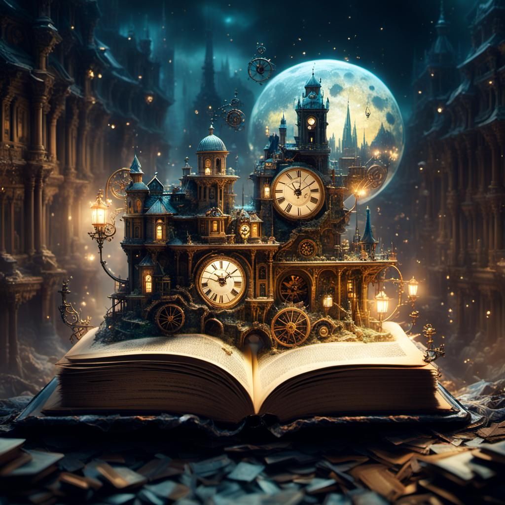 Steampunk World Emerges From Book, Digital Illustration