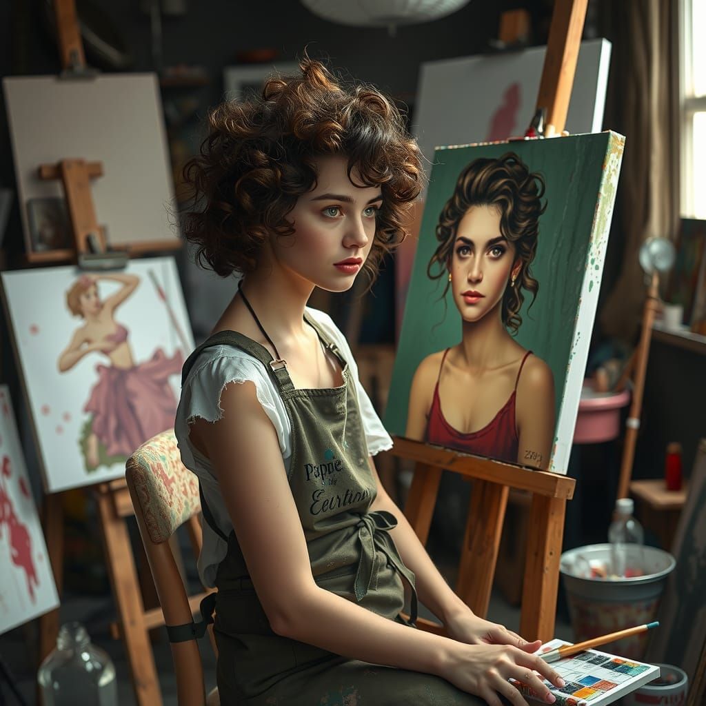 Focused Artist Painting a Self-Portrait