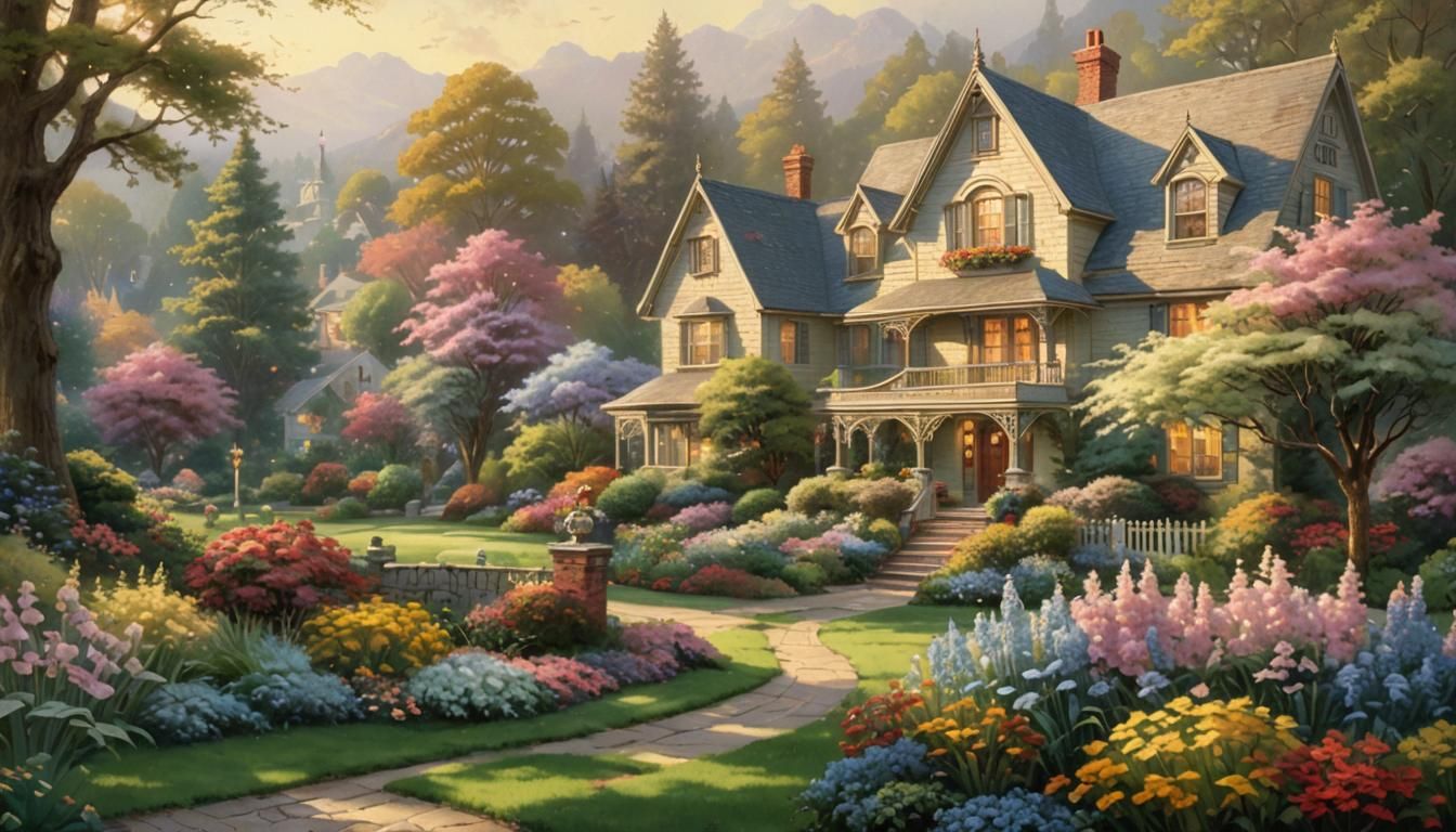 Victorian Home in Golden Light as Oil Painting