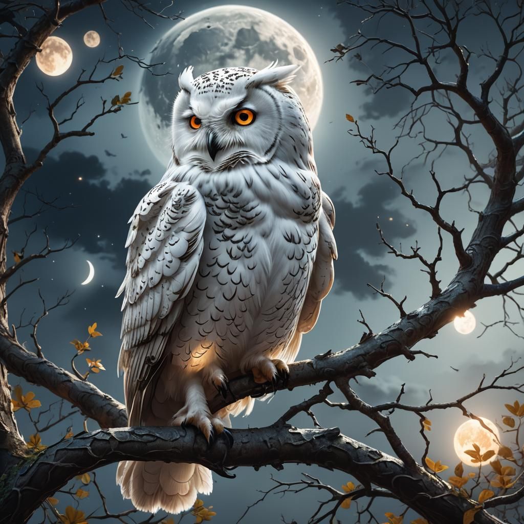 White Owl on Branch Under Moon, Detailed Matte Painting