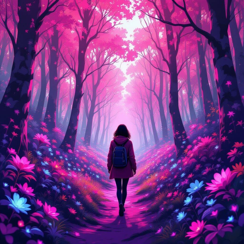 Woman in a Glowing Pink Forest, Digital Painting