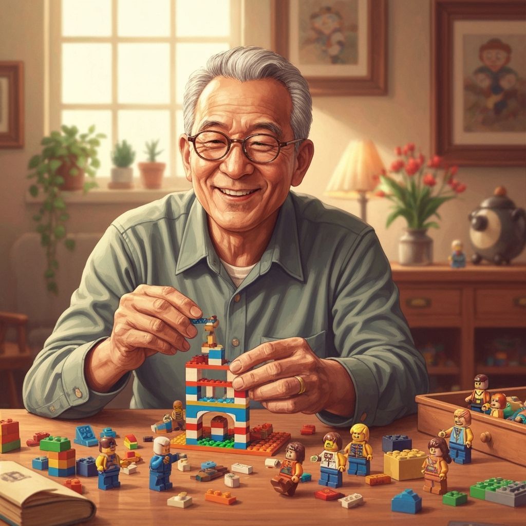 Senior Man Builds Lego Structure in Pop Surrealist Style