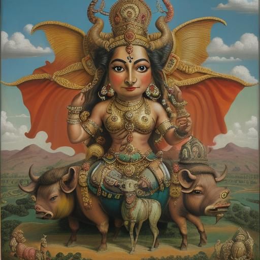 Three-Faced Goddess on Sow, Surrealist Oil Painting