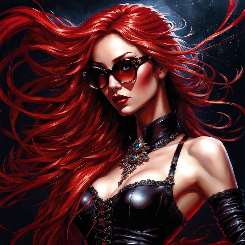 Gothic Woman in Red Latex with Flowing Hair