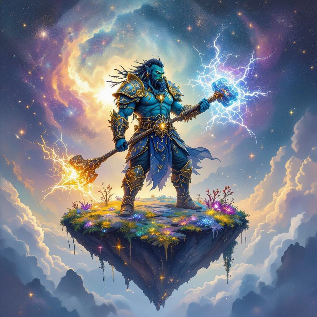 Celestial Orc Warrior in Cosmic Watercolor Style