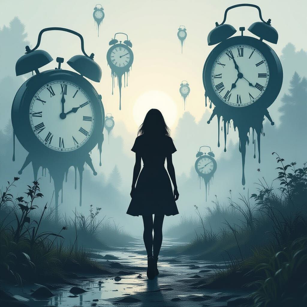 Surreal Dreamscape: Woman Walking Through Melted Time