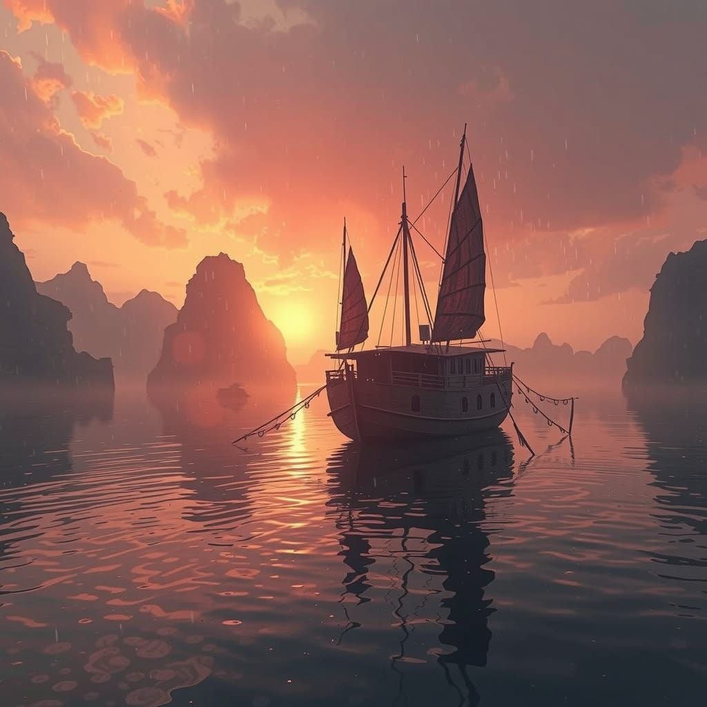 Cabin on Stilts in Dreamlike Neo-Impressionist Lake