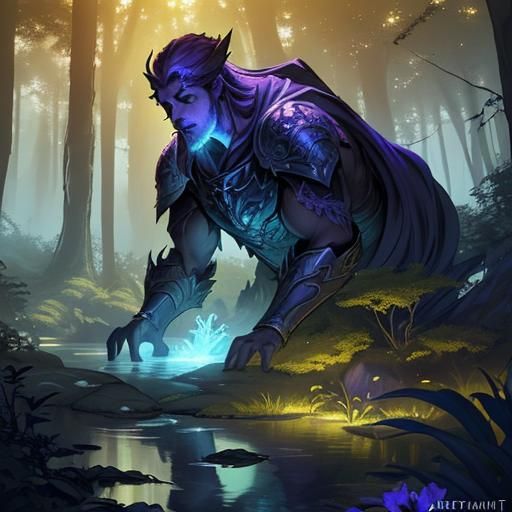 Mystical Fountain Guardian in Dense Forest, Fantasy Art