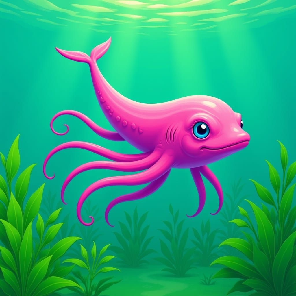 Pink Whale Creature in Whimsical Underwater Scene