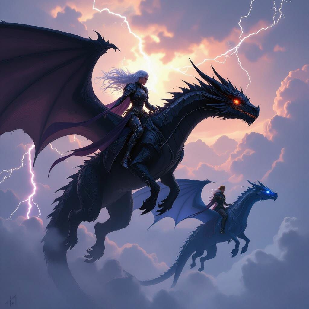 Dragon Riders in Stormy Sky: A Fantasy Scene