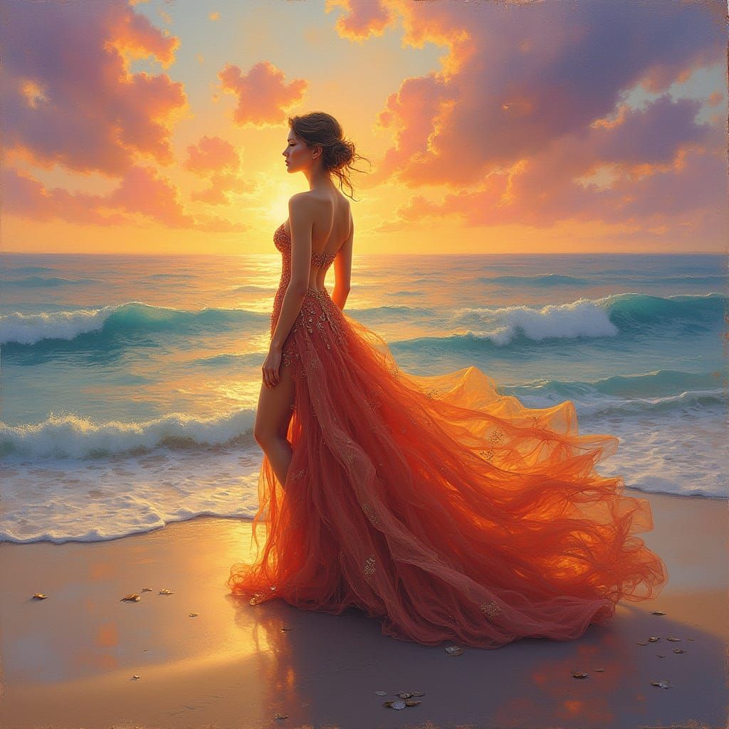 Queen on Serene Beach at Golden Hour