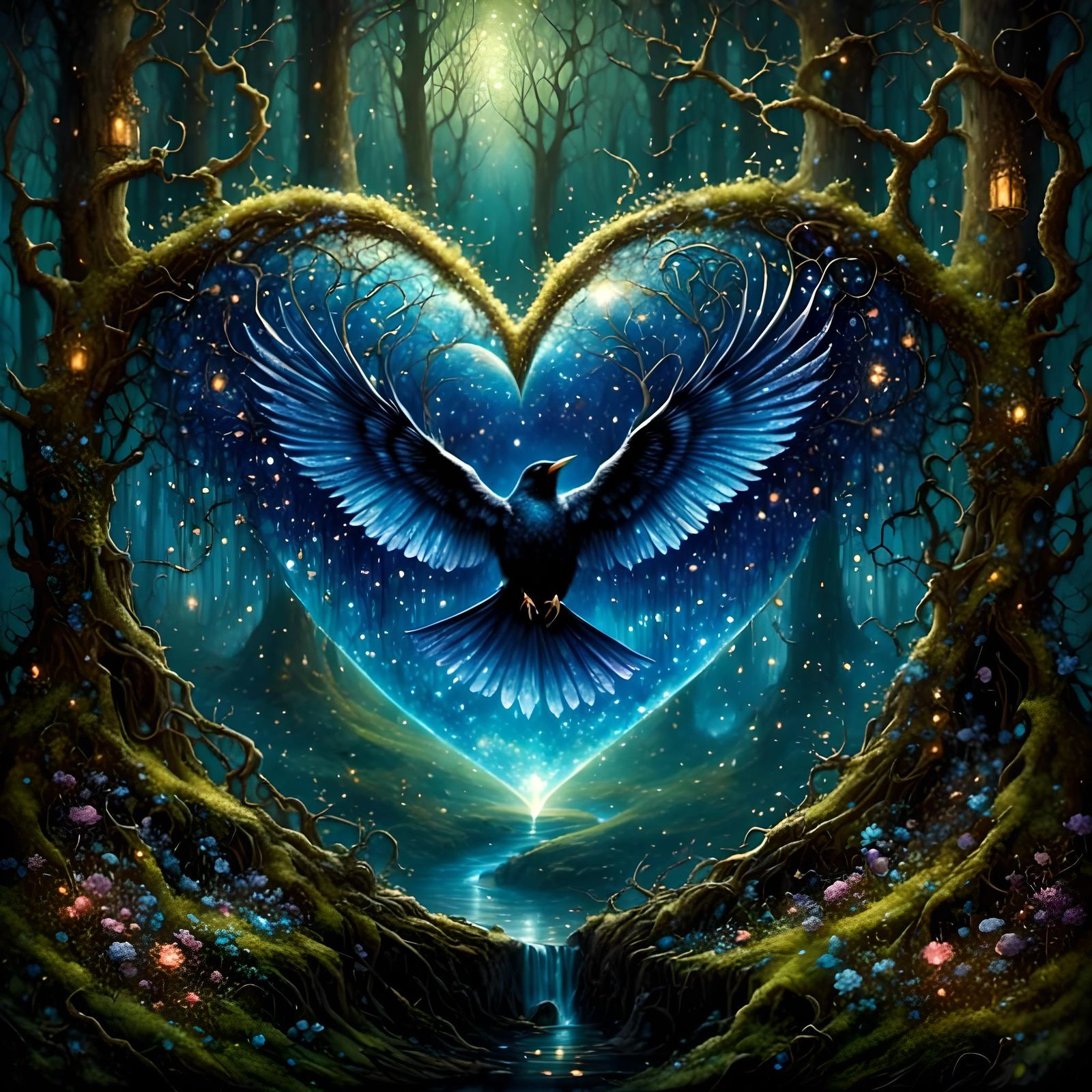 Bird Exiting Heart Portal in Surreal Oil Painting