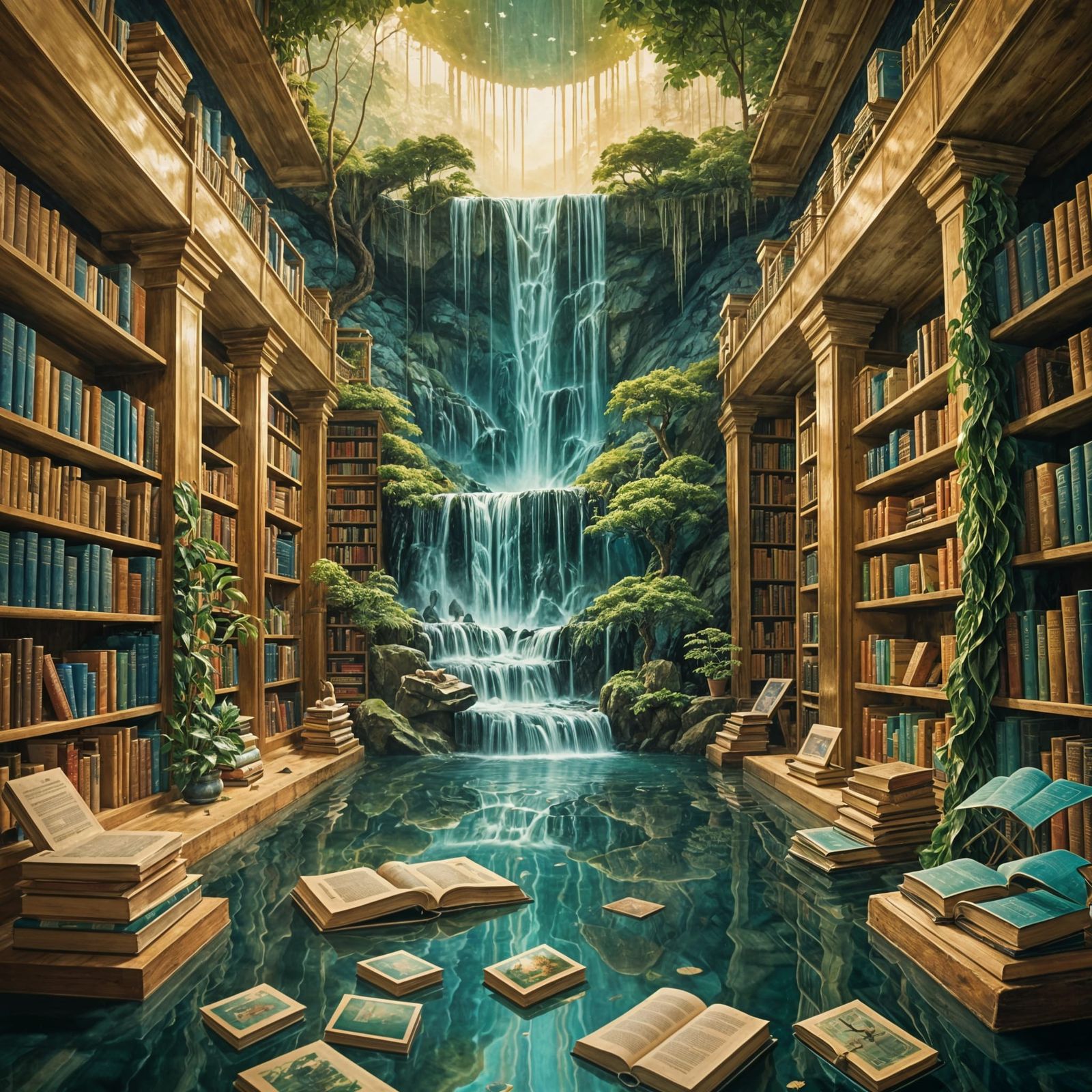 Surreal Indoor Book Fair with Waterfalls