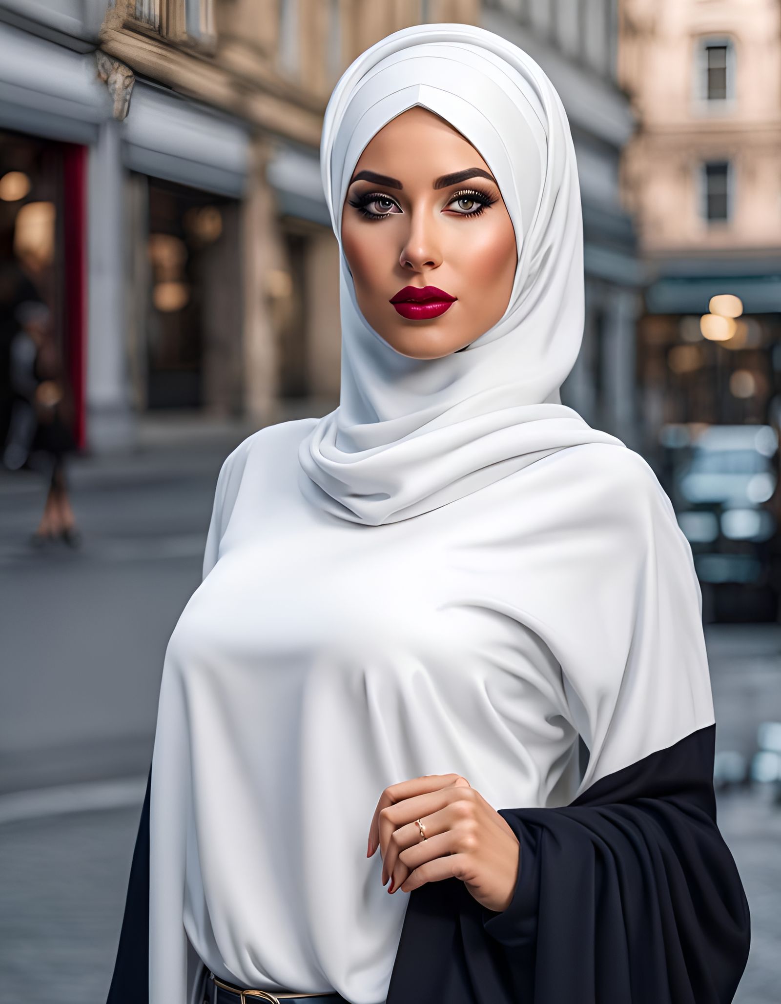 Curvy Hijabi Girl in Cityscape, Hyperrealistic Style