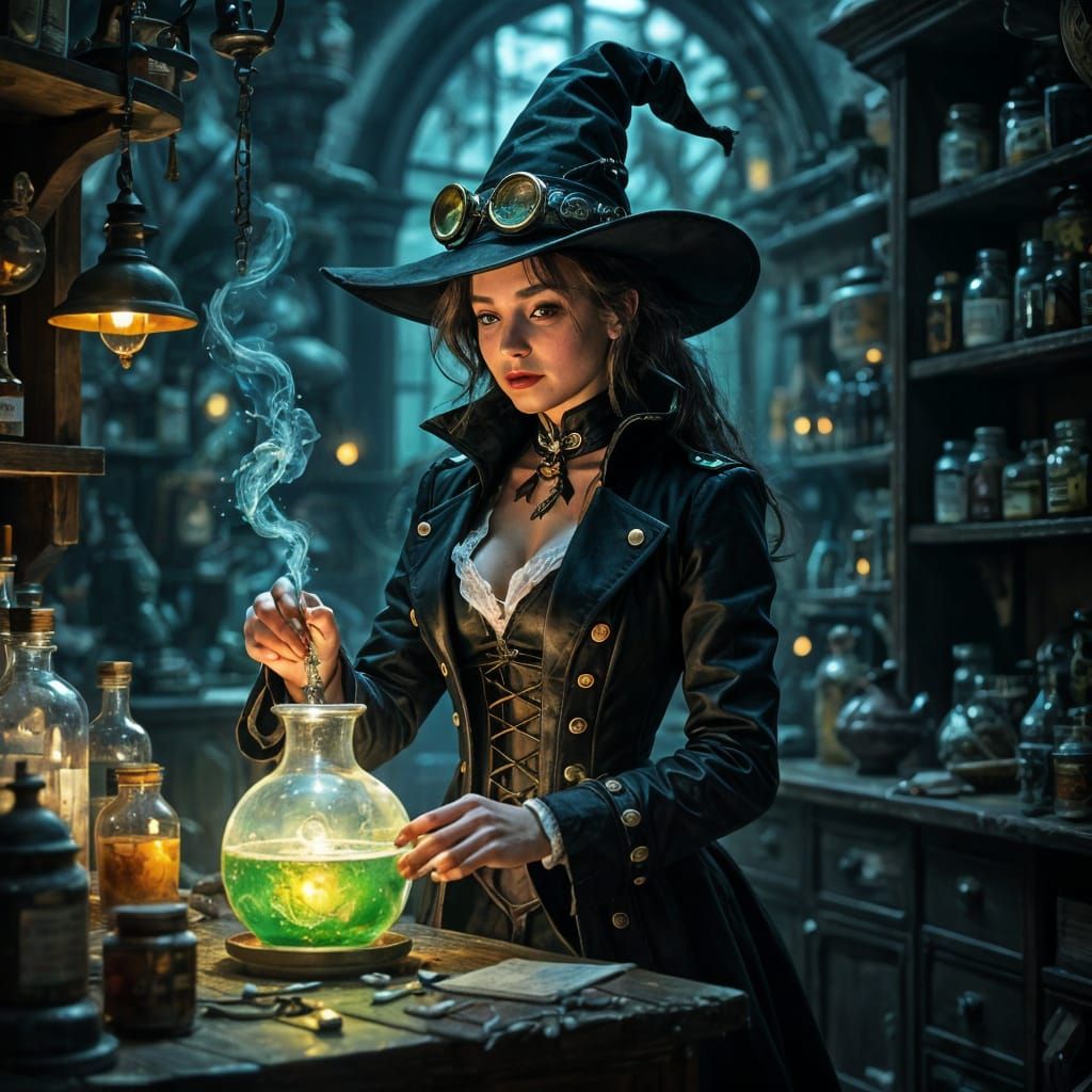 Victorian Witch Brews Glowing Potion in Apothecary