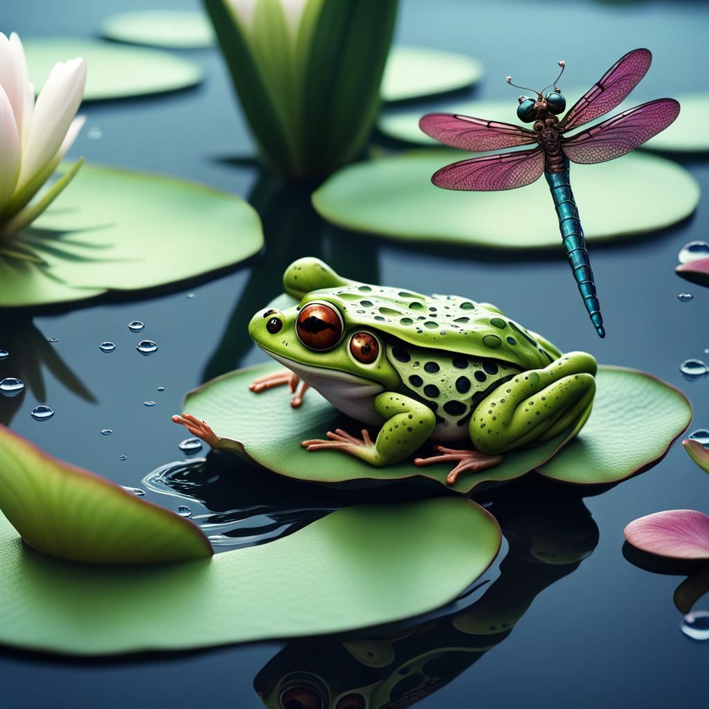 Frog on Lily Pad with Dragonfly: Detailed Matte Painting
