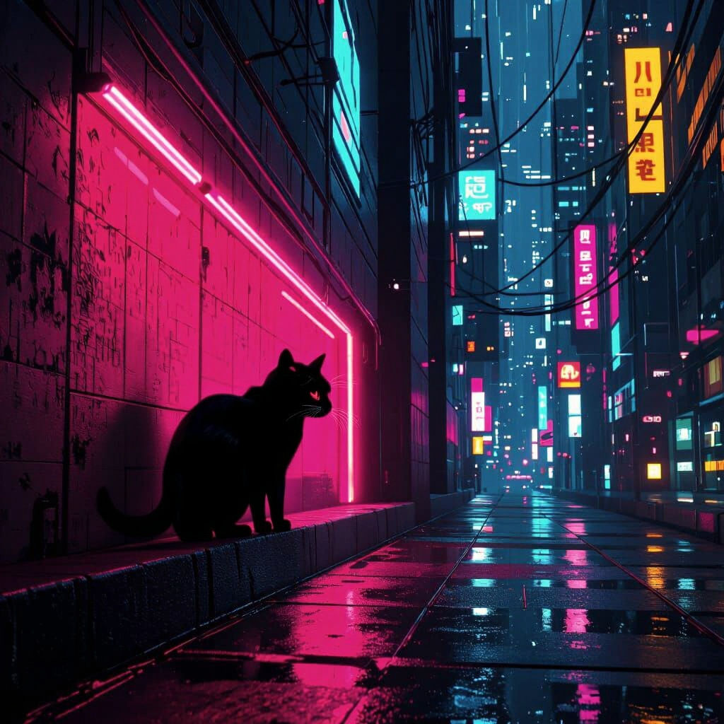 Black Cat in Neon Cyberpunk Cityscape