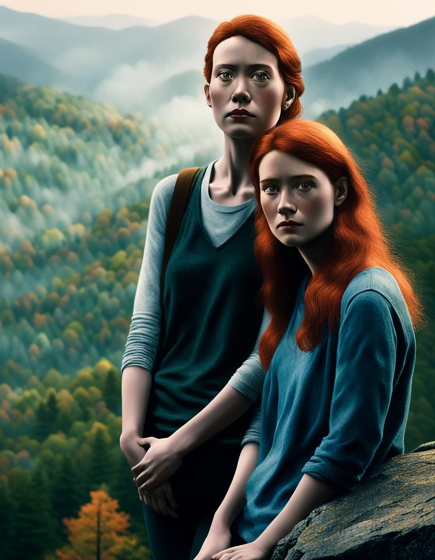 Sisters in Misty Appalachian Mountain Landscape