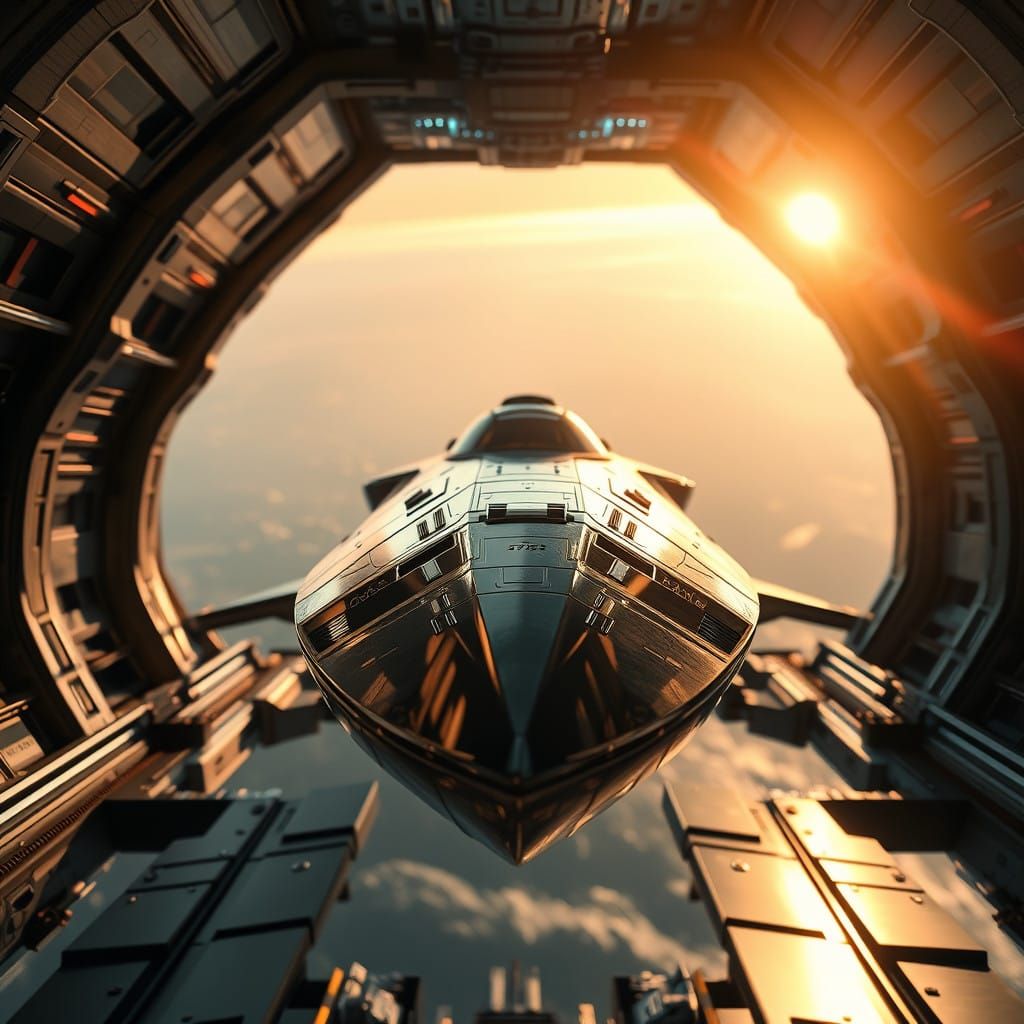 Sleek Spaceship Docks at Futuristic Space Station in Golden....