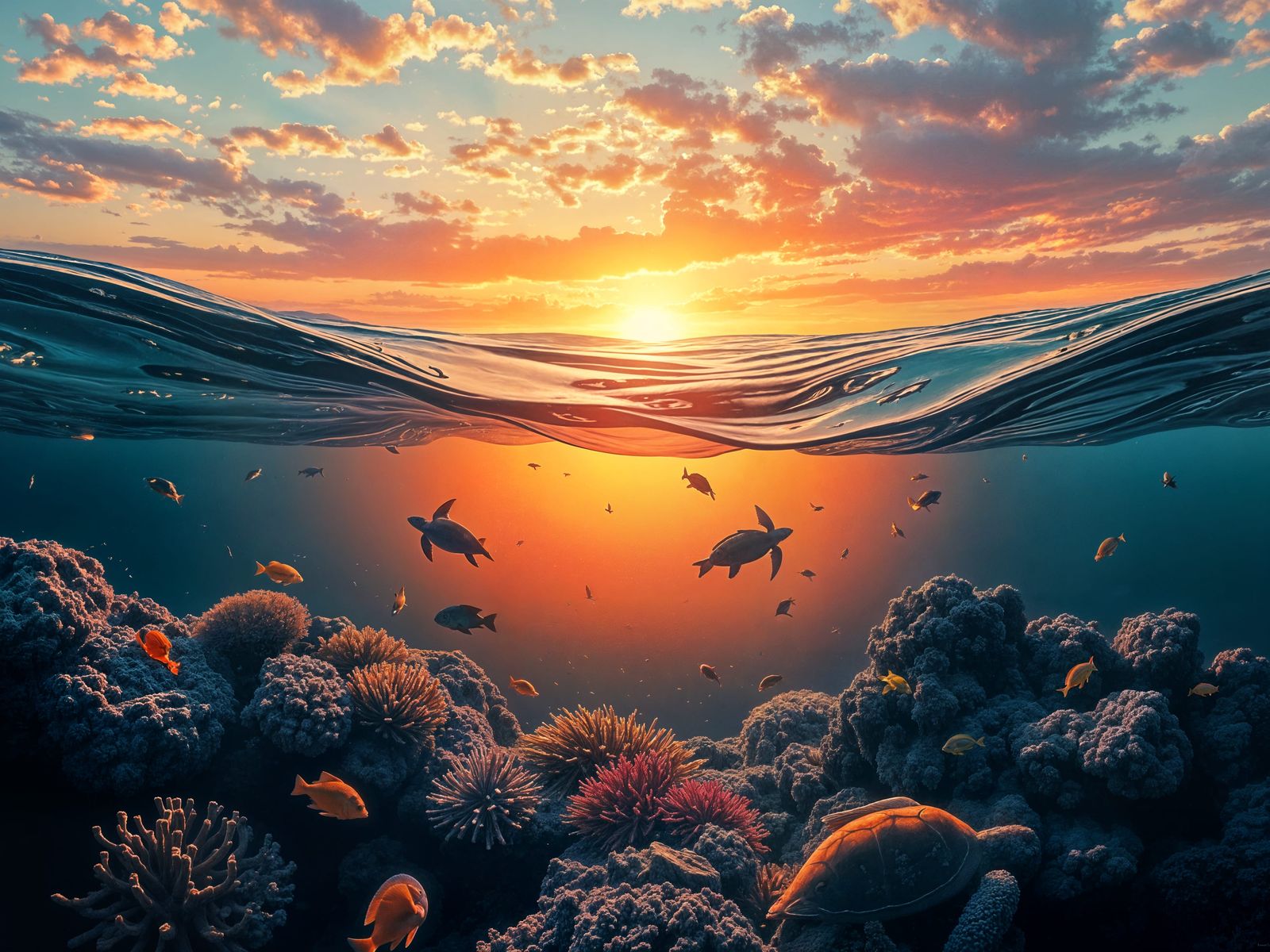 Surreal Sunrise Reflected Through Coral Reef