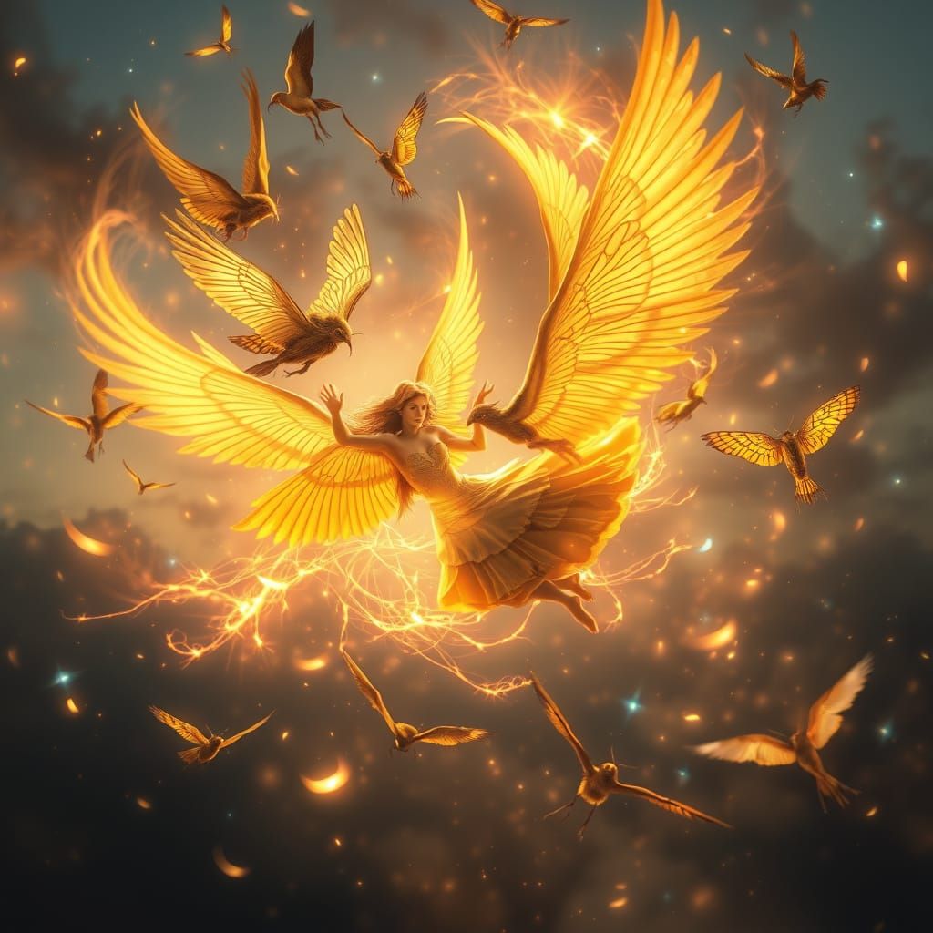 Winged Beings Dance in Twilight Sky