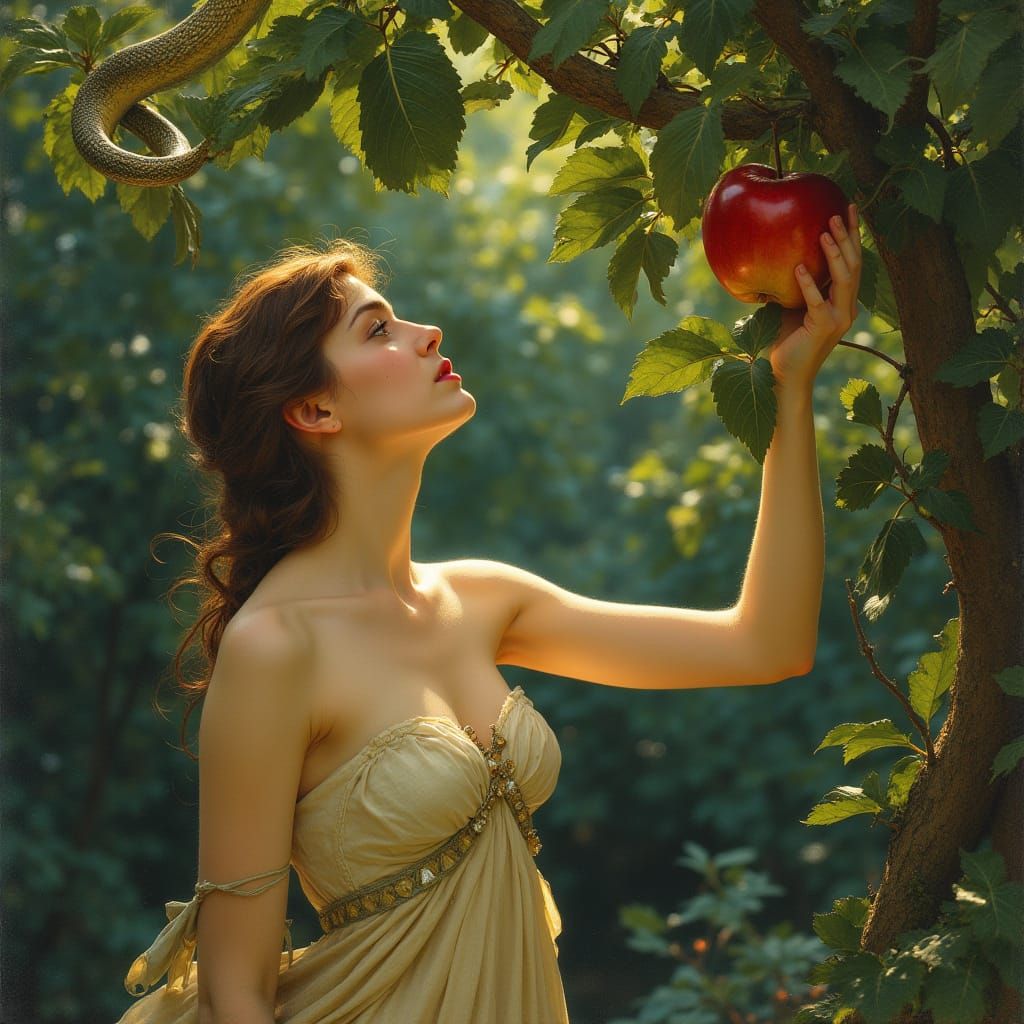 Young Woman Plucks Apple from Lush Tree in a Vibrant Forest ...