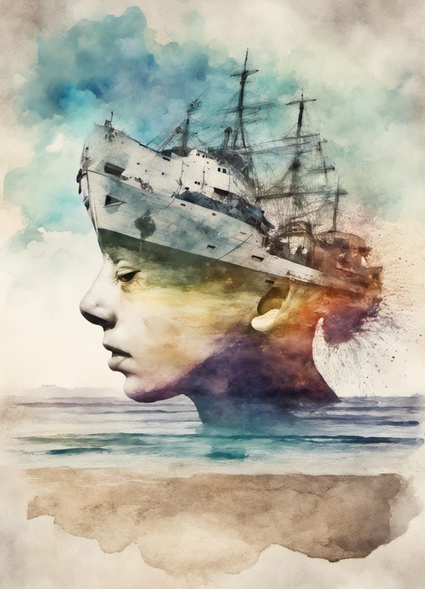 Beach Head Ship Double Exposure in Watercolor Style
