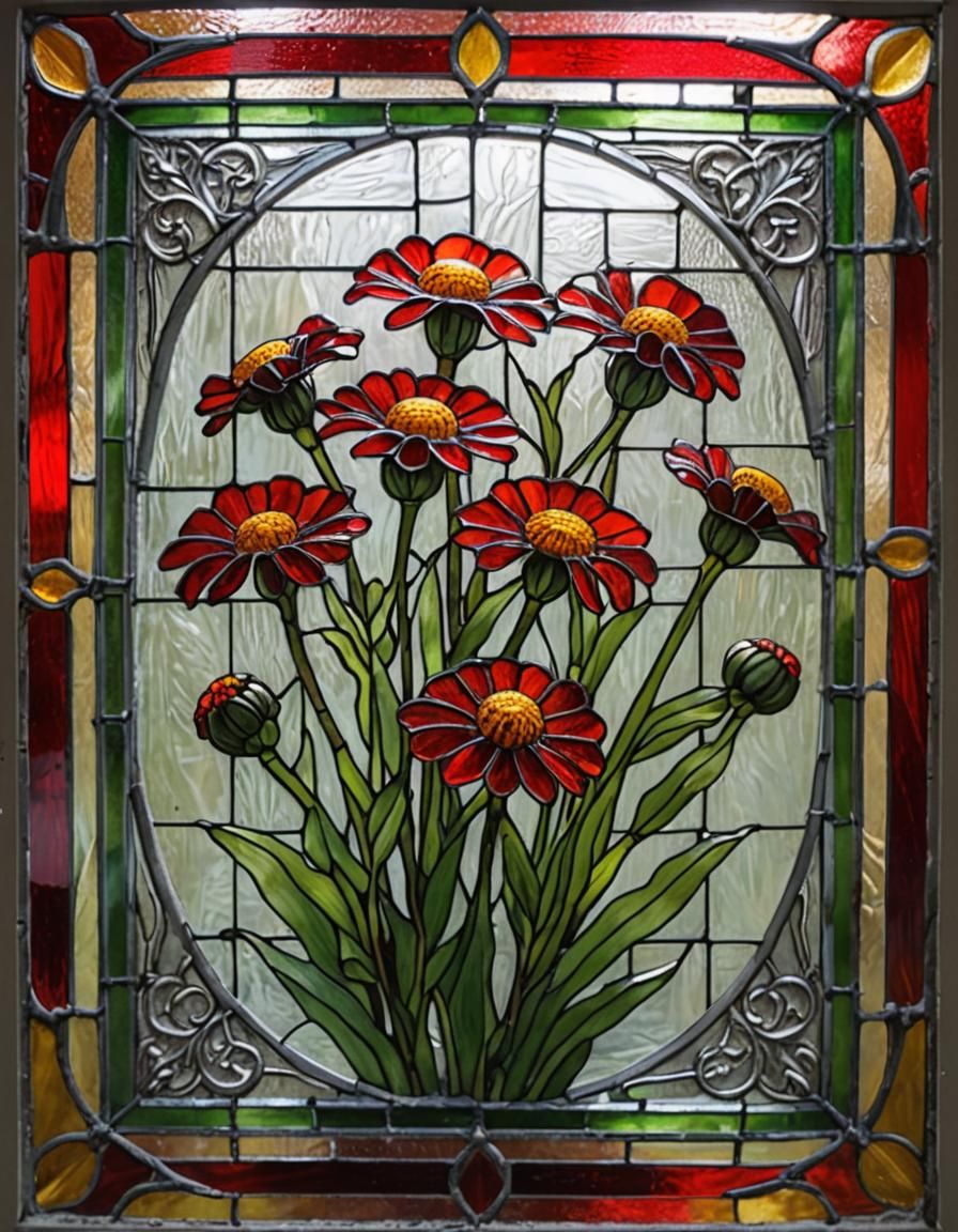 Stained Glass Sneezeweed Flower in Ornate Frame
