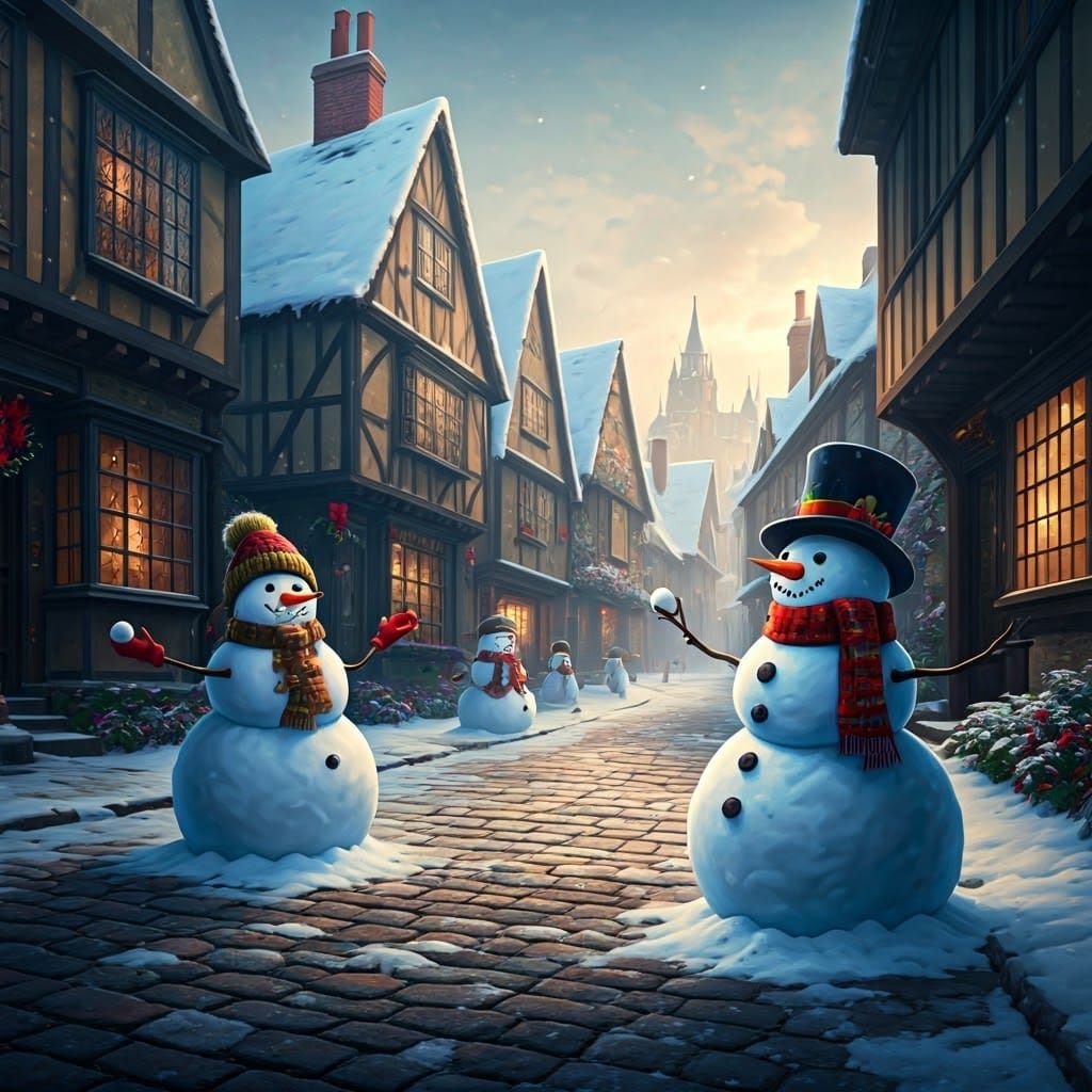 Snowmen in Warm Scarves Toss Snowballs at English Village Pe...