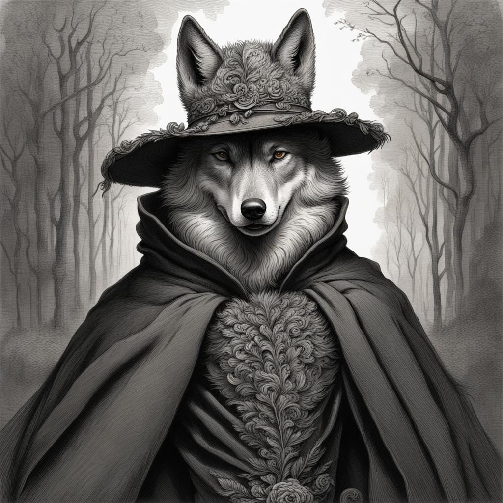 Wolf in Cloak and Hat, Gustave Doré Style