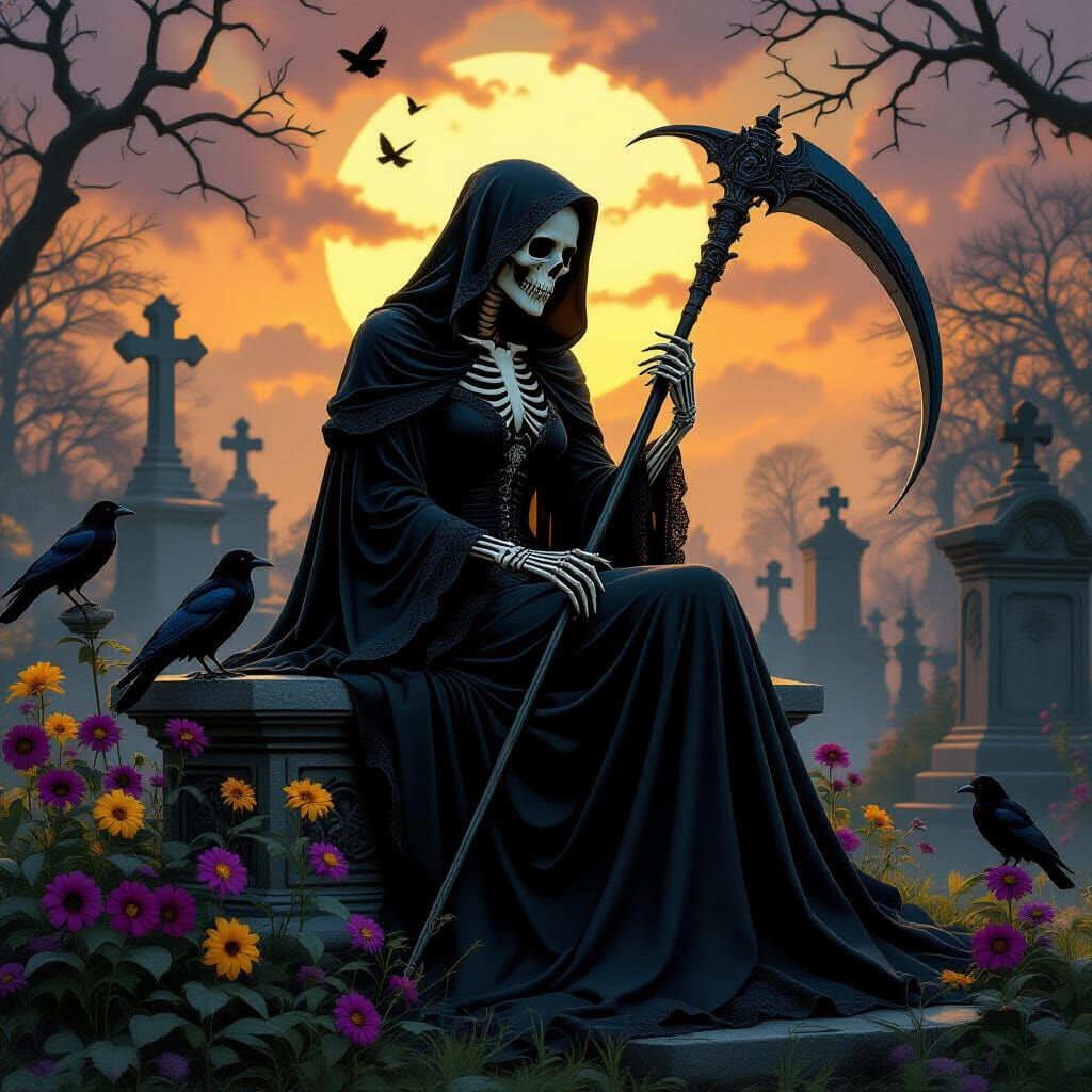 Death in Gothic Cemetery with Scythe, Hyperdetailed