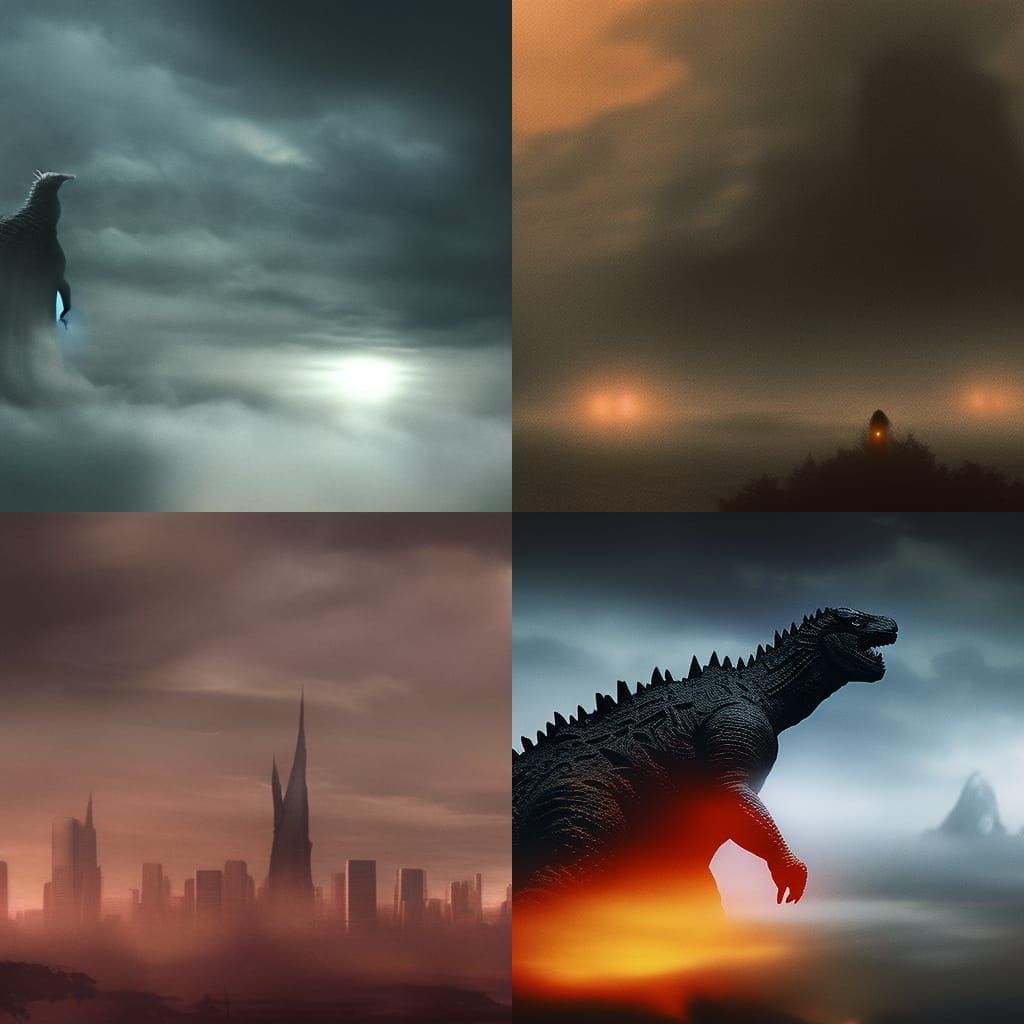 Godzilla Silhouette in Atmospheric Fog: Digital Matte Painti...