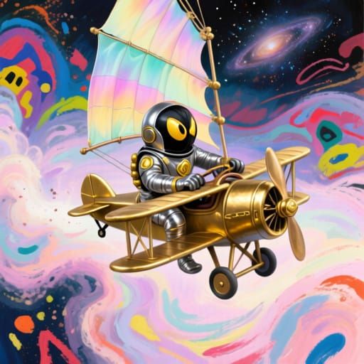 Spider Pilot in Biplane Through Nebula