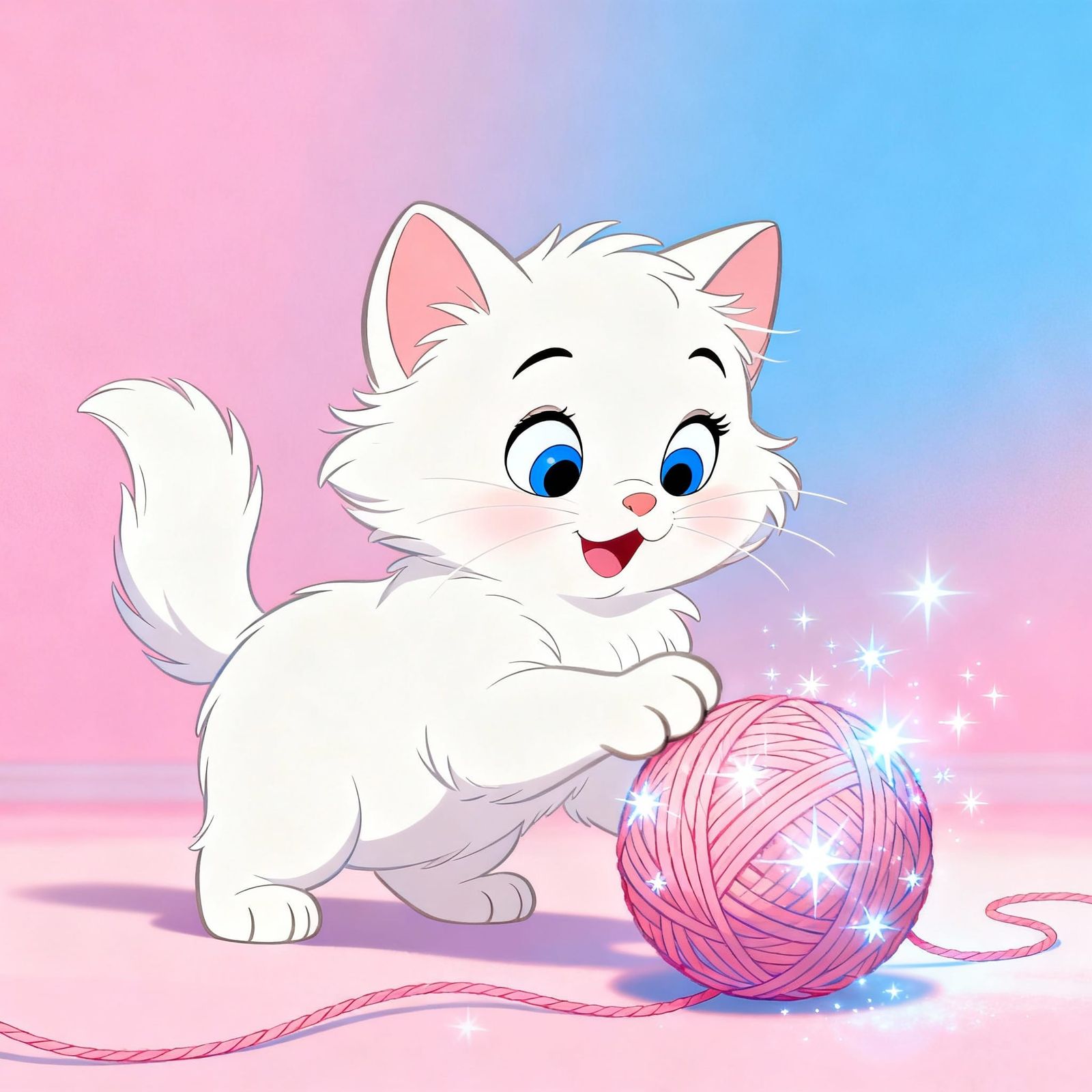 Adorable Fluffy Kitten Plays with Yarn in Disney Style