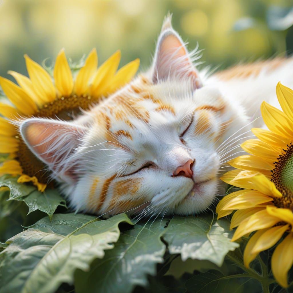 Cute Kitten Sleeps on Sunflower Leaf as Impressionist Painti...