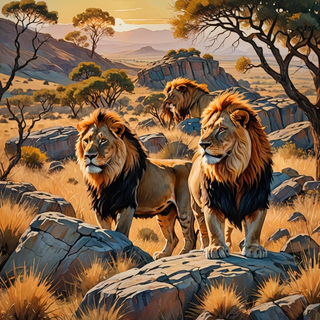Lions on African Savannah in Van Gogh Style