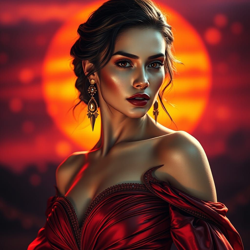 Ethereal Goddess in Whimsical Sunset Glow