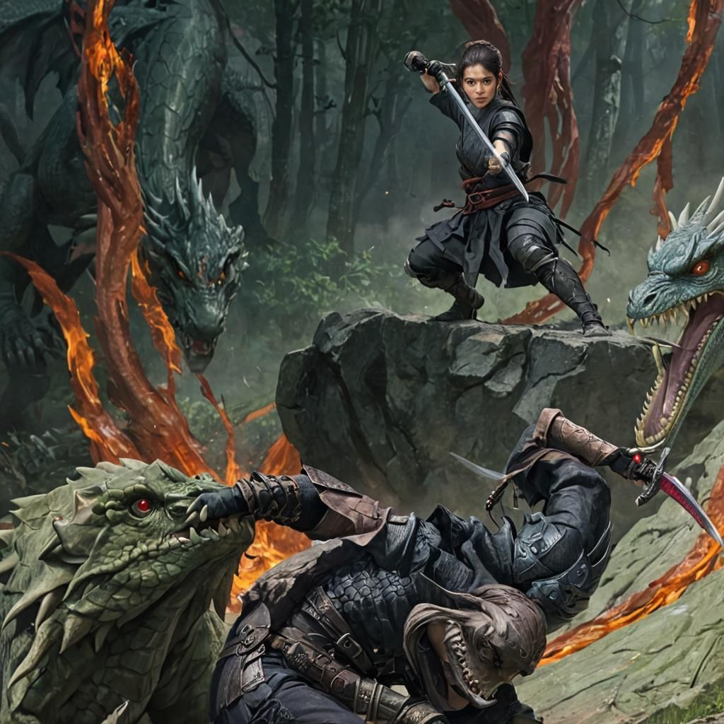 Ninja Girl and Dog Face Dragon in Hyperreal Photo